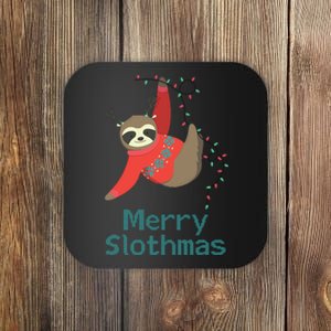 Merry Slothmas Hanging On Christmas Lights Coaster