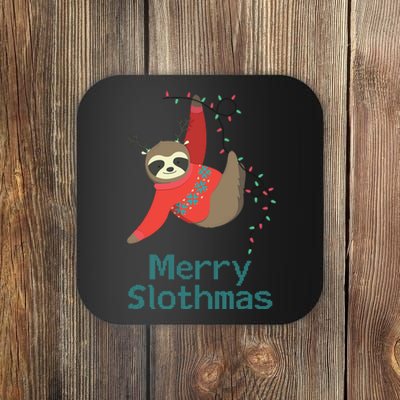 Merry Slothmas Hanging On Christmas Lights Coaster