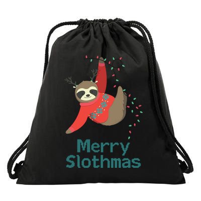 Merry Slothmas Hanging On Christmas Lights Drawstring Bag