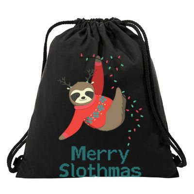 Merry Slothmas Hanging On Christmas Lights Drawstring Bag