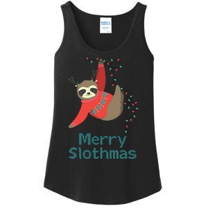 Merry Slothmas Hanging On Christmas Lights Ladies Essential Tank