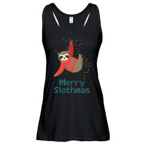 Merry Slothmas Hanging On Christmas Lights Ladies Essential Flowy Tank