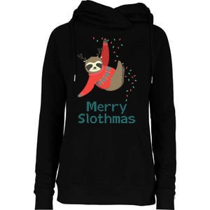 Merry Slothmas Hanging On Christmas Lights Womens Funnel Neck Pullover Hood