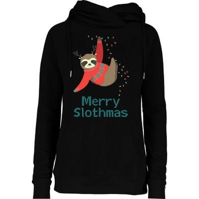 Merry Slothmas Hanging On Christmas Lights Womens Funnel Neck Pullover Hood