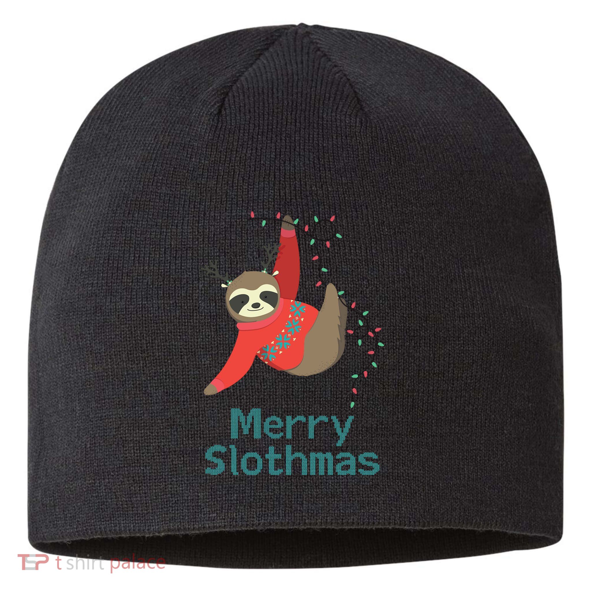 Merry Slothmas Hanging On Christmas Lights Sustainable Beanie