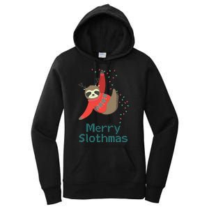 Merry Slothmas Hanging On Christmas Lights Women's Pullover Hoodie