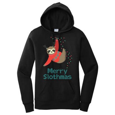 Merry Slothmas Hanging On Christmas Lights Women's Pullover Hoodie