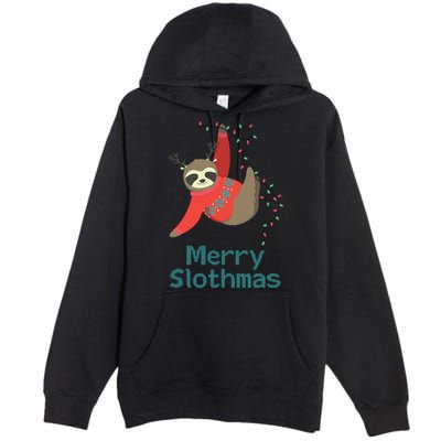 Merry Slothmas Hanging On Christmas Lights Premium Pullover Hoodie