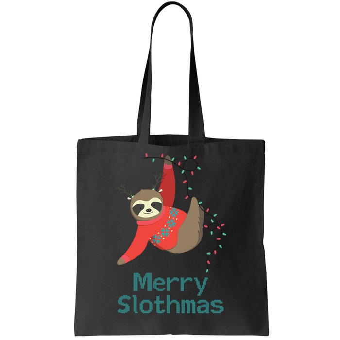 Merry Slothmas Hanging On Christmas Lights Tote Bag