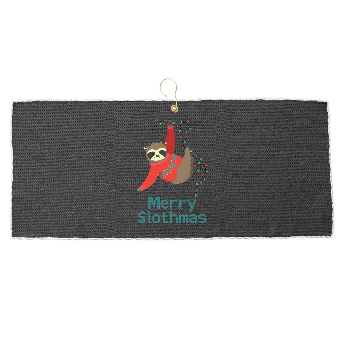 Merry Slothmas Hanging On Christmas Lights Large Microfiber Waffle Golf Towel