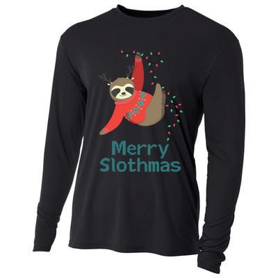 Merry Slothmas Hanging On Christmas Lights Cooling Performance Long Sleeve Crew