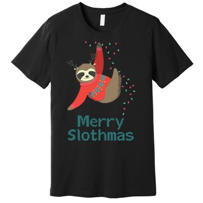 Merry Slothmas Hanging On Christmas Lights Premium T-Shirt