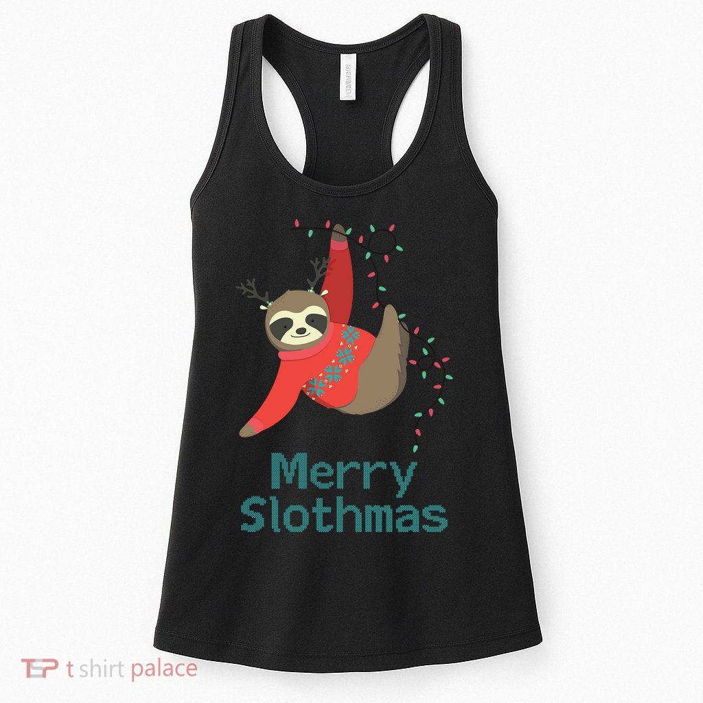 Merry Slothmas Hanging On Christmas Lights Womens Tank Top
