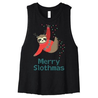 Merry Slothmas Hanging On Christmas Lights Women's Racerback Cropped Tank