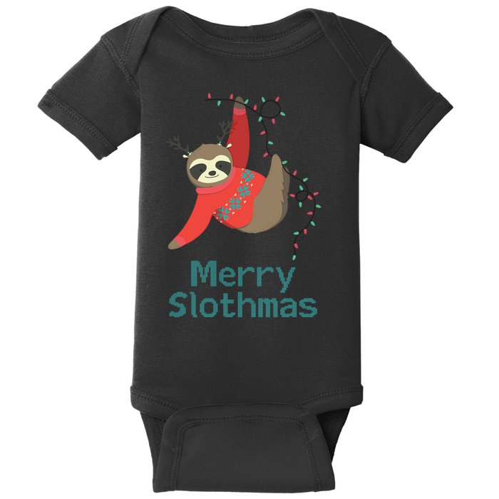 Merry Slothmas Hanging On Christmas Lights Baby Bodysuit