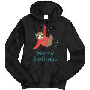 Merry Slothmas Hanging On Christmas Lights Tie Dye Hoodie