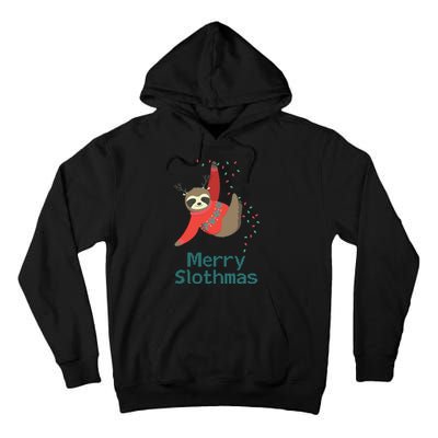 Merry Slothmas Hanging On Christmas Lights Tall Hoodie