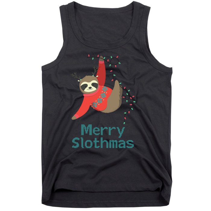 Merry Slothmas Hanging On Christmas Lights Tank Top