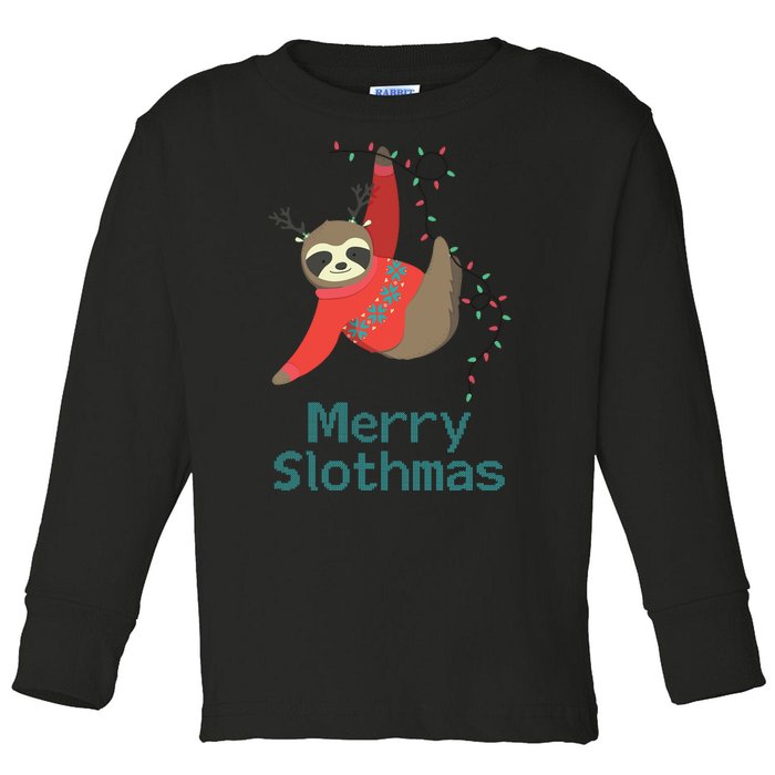 Merry Slothmas Hanging On Christmas Lights Toddler Long Sleeve Shirt