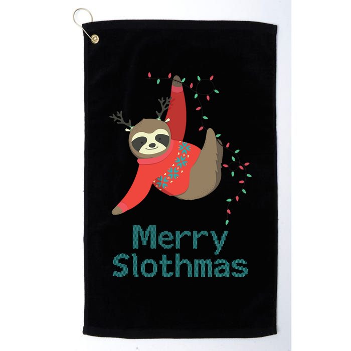 Merry Slothmas Hanging On Christmas Lights Golf Towel