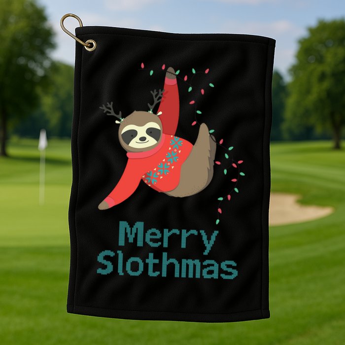 Merry Slothmas Hanging On Christmas Lights Golf Towel