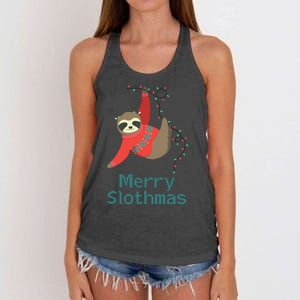 Merry Slothmas Hanging On Christmas Lights Women's Knotted Racerback Tank