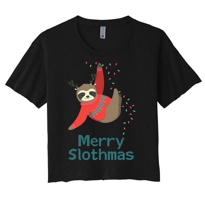 Merry Slothmas Hanging On Christmas Lights Women's Crop Top Tee