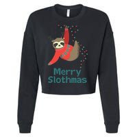 Merry Slothmas Hanging On Christmas Lights Cropped Pullover Crew