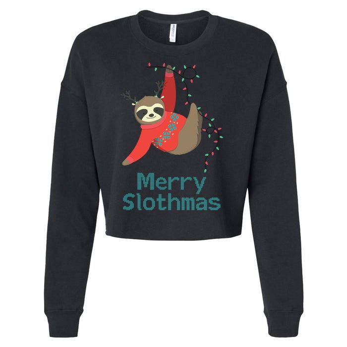 Merry Slothmas Hanging On Christmas Lights Cropped Pullover Crew