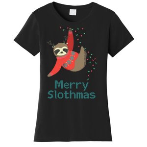 Merry Slothmas Hanging On Christmas Lights Women's T-Shirt