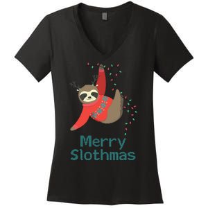 Merry Slothmas Hanging On Christmas Lights Women's V-Neck T-Shirt