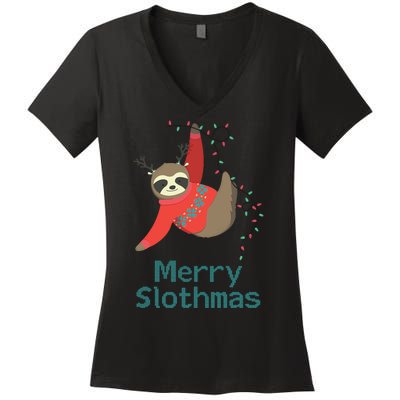 Merry Slothmas Hanging On Christmas Lights Women's V-Neck T-Shirt