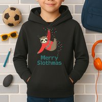 Merry Slothmas Hanging On Christmas Lights Kids Hoodie