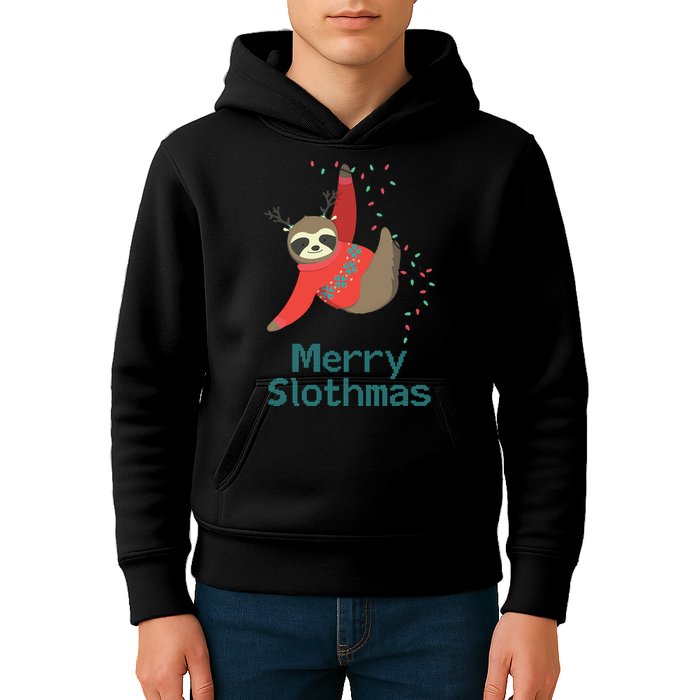 Merry Slothmas Hanging On Christmas Lights Kids Hoodie