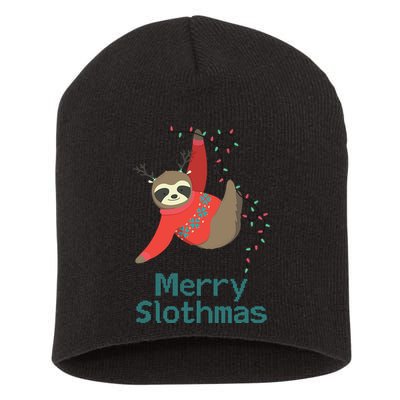 Merry Slothmas Hanging On Christmas Lights Short Acrylic Beanie