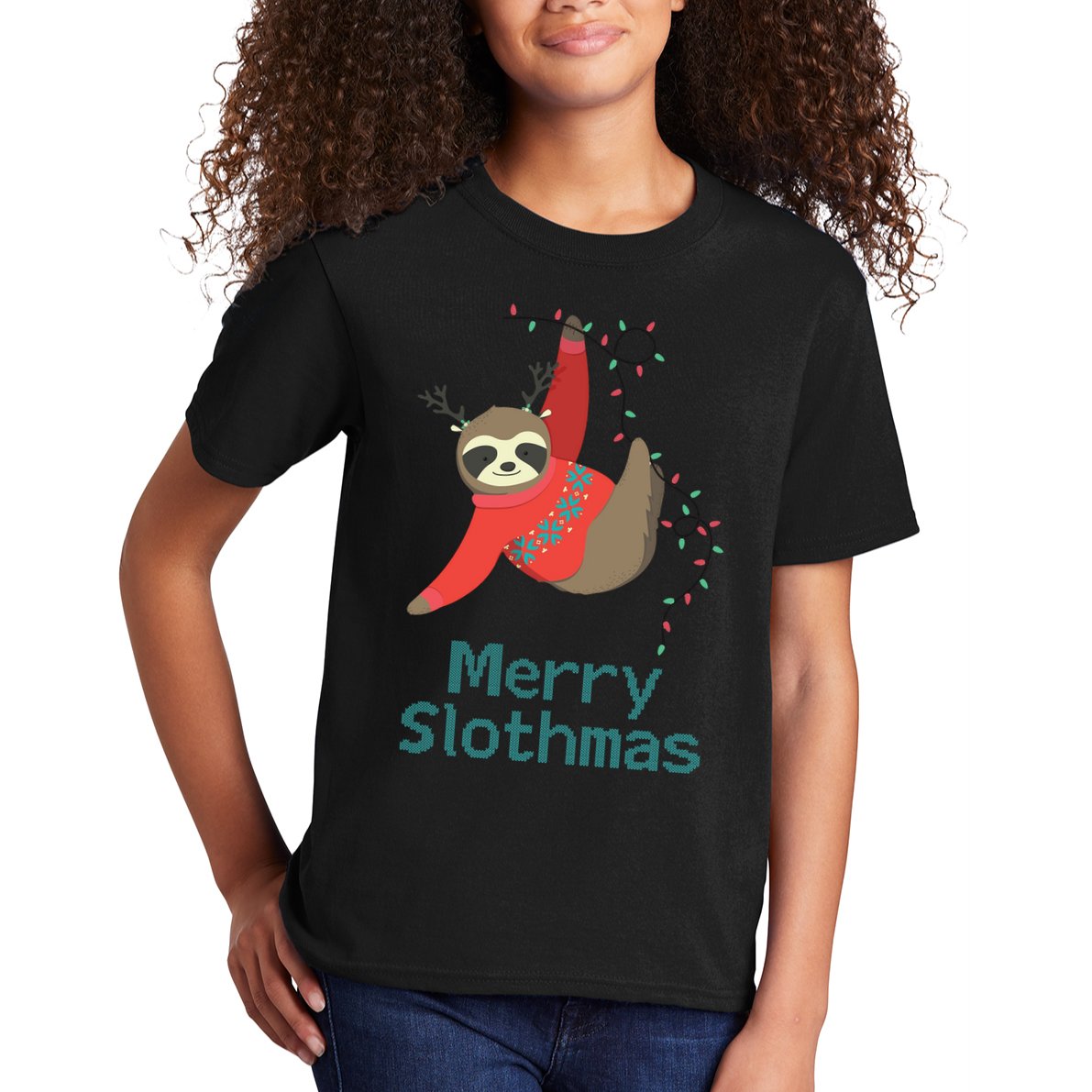 Merry Slothmas Hanging On Christmas Lights Kids T-Shirt