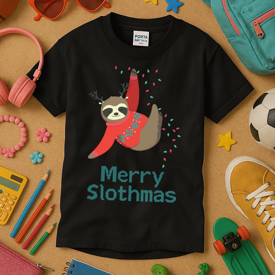Merry Slothmas Hanging On Christmas Lights Kids T-Shirt