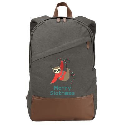 Merry Slothmas Hanging On Christmas Lights Cotton Canvas Backpack