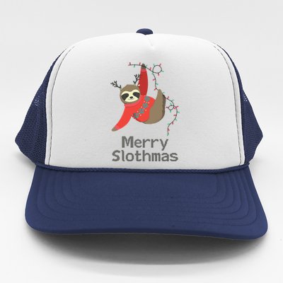 Merry Slothmas Hanging On Christmas Lights Trucker Hat