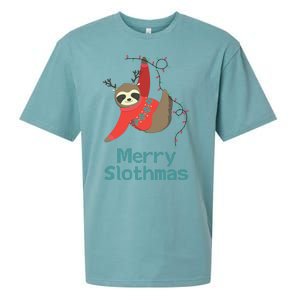 Merry Slothmas Hanging On Christmas Lights Sueded Cloud Jersey T-Shirt