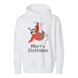 Merry Slothmas Hanging On Christmas Lights Garment-Dyed Fleece Hoodie