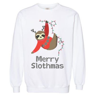 Merry Slothmas Hanging On Christmas Lights Garment-Dyed Sweatshirt