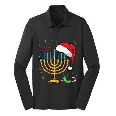 Menorah Santa Hat Chanukah Hanukkah Jewish Christmas Pajama   Silk Touch Performance Long Sleeve Polo