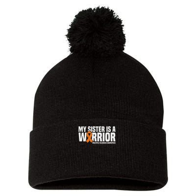 My Sister Is A Warrior Ms Multiple Sclerosis Awareness Pom Pom 12in Knit Beanie