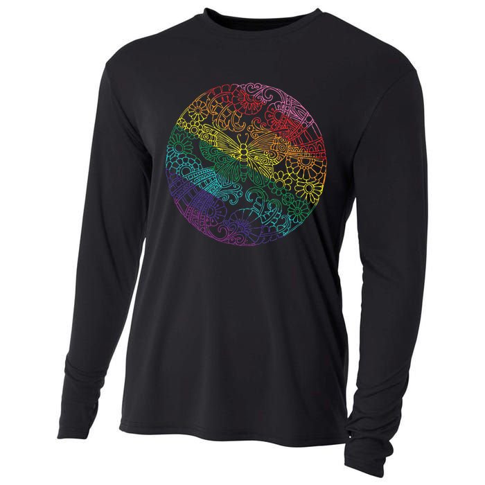 Mandala Symbol In Rainbow Colors Cooling Performance Long Sleeve Crew