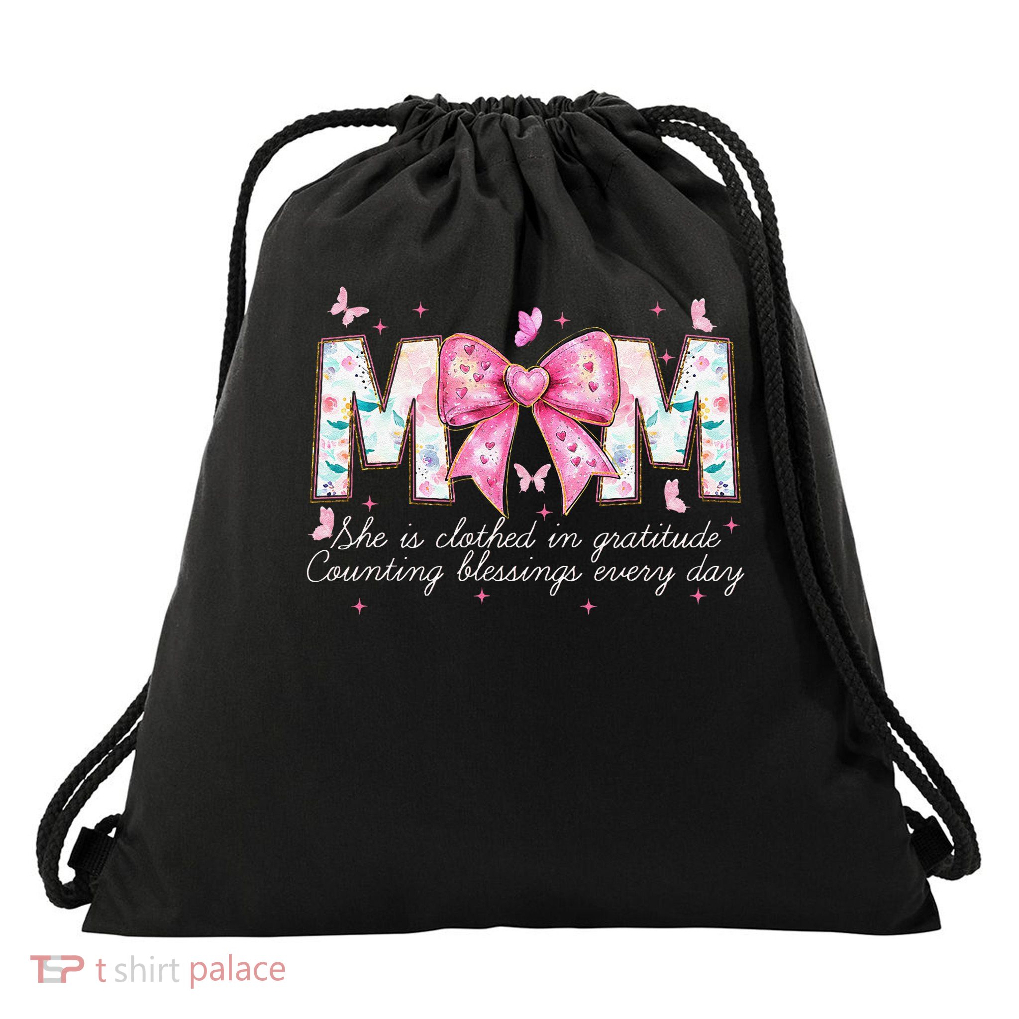 Mom She Is Clothed In Gratitude Counting Blessings Every Drawstring Bag