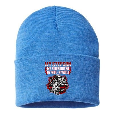 My Stepson Is A Firefighter Hero Proud Fire Stepparent Funny Gift Funny Gift Sustainable Knit Beanie