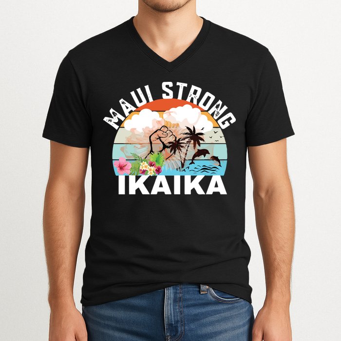 Maui Strong Ikaika Lahaina Banyan Tree Maui Hawaii Shoreline V-Neck T-Shirt