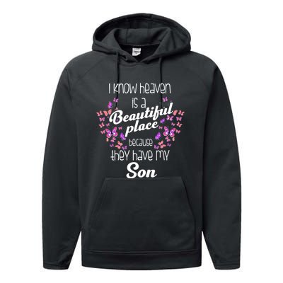 My Son Is My Guardian Angel In Heaven Grief To Son Performance Fleece Hoodie