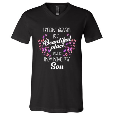 My Son Is My Guardian Angel In Heaven Grief To Son V-Neck T-Shirt